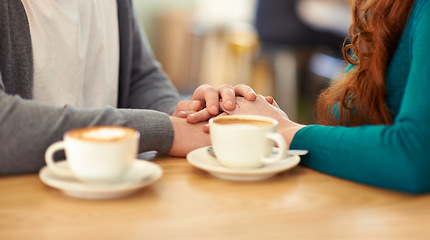 Image showing Holding hands, coffee and couple in cafe, support and trust in relationship or marriage together. Diner, adult and partner with compassion, love and care for with respect on date, weekend and break