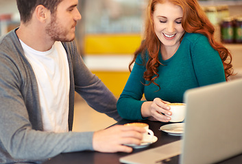 Image showing Laptop, restaurant and couple with coffee, date and bonding together with happiness and conversation. Love, cafe and computer with man and woman with smile and morning with cappuccino and cheerful