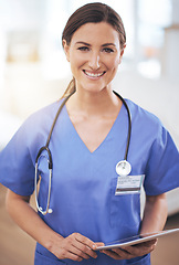 Image showing Portrait, tablet and doctor in scrubs for medical results, information or health insurance. Hospital, lens flare and female professional with technology for smile, care and support in clinic