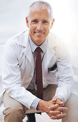 Image showing Portrait, senior doctor and happy man in hospital for healthcare, wellness or work in Australia for career. Smile, medical professional or confident surgeon or expert physician in clinic for service