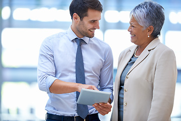 Image showing Coworker, office and smile with tablet for business research, information and news for economy or stock market. Diverse, ceo and happy with online search on internet or website for company growth