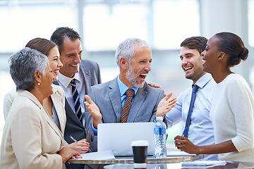 Image showing Teamwork, celebration and business people in meeting with victory, success and achievement. Collaboration, corporate office and happy men and women on computer for winning, good news and online bonus