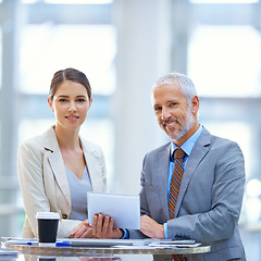 Image showing Portrait, businesspeople and meeting with tablet, smile and teamwork for workshop. Technology, collaboration and happy coworkers for conference, professional and corporate male manager with employee