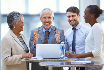 Image showing Meeting, laptop and portrait of business people for collaboration, brainstorming ideas and discussion. Corporate, teamwork and men and women with technology, documents and online report for project