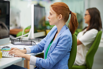 Image showing Business, woman and computer with typing, startup and creative with PR agency and online reading for a company blog. People, consultant and employees with pc and internet for research and technology