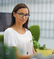 Image showing Portrait, glasses and business with woman, startup and modern office with PR agency and consultant. Face, person and employee with eyewear and clear vision with professional and editor in a workplace