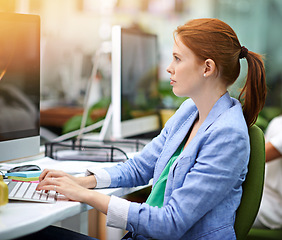 Image showing Business, woman and computer with typing, internet and journalist with PR agency and online reading for a company blog. Person, consultant or publisher with pc or magazine editor for research or tech