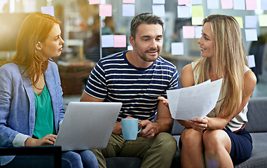 Image showing Business people, coffee and paperwork for planning in office, discussion and latte for problem solving in workplace. Colleagues, drinking tea and documents for solution or strategy in creative agency