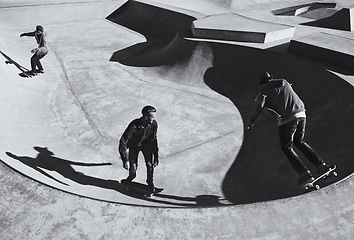 Image showing Friends, men and skateboard for hobby at skatepark with practice or training, play trick and committed. People, exercise and experience on break or leisure to enjoy for activity, sport and fitness