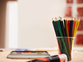 Image showing Pencil, color and stationery with supplies for drawing, sketching or arts and crafts at home. Empty room, interior or equipment of paint, artistic tools or crayons for creativity and imagination