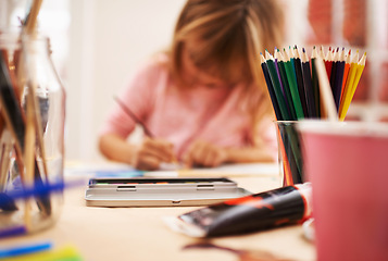 Image showing Little girl, drawing and writing with pencil for art, craft or color in learning creativity or education at home. Young child sketching for artwork with creative imagination in childhood development