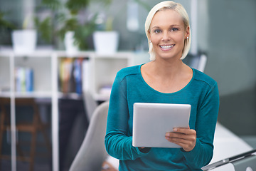 Image showing Woman, tablet and smile in portrait at office for communication, scroll or application for email. Person, employee and happy with digital touchscreen, connection or notification at creative agency
