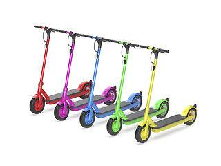 Image showing Row with five electric scooters with different colors