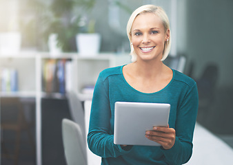 Image showing Portrait, office and woman with smile, tablet and opportunity in HR consulting business career. Face, workplace and happy businesswoman with digital app at human resources agency with online report