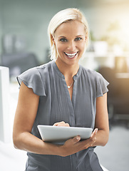 Image showing Portrait, office and woman with smile, tablet and opportunity in HR consulting business career. Face, startup and happy businesswoman with digital app at human resources agency with professional job