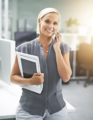 Image showing Portrait, office and woman with tablet, phone call and opportunity in HR consulting business career. Face, workplace and happy businesswoman with smartphone for networking at human resources agency