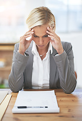 Image showing Lawyer, woman and headache at office desk with paperwork, stress and tired of case investigation. Advocate, attorney or person with burnout, frustrated or fatigue with legal documentation at law firm