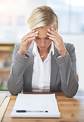 Image showing Lawyer, woman and headache in workplace with documents, stress and tired of case investigation. Advocate, attorney and person with burnout, frustrated and fatigue with legal paperwork at law firm
