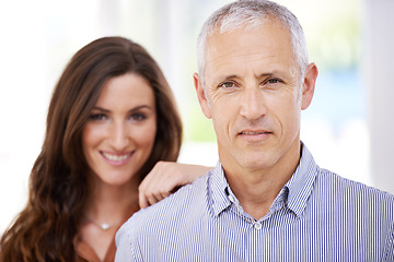 Image showing Portrait, happy and senior man with woman for love, commitment and support with trust for relationship. Couple, age difference and together with pride for connection, bonding and respect with loyalty