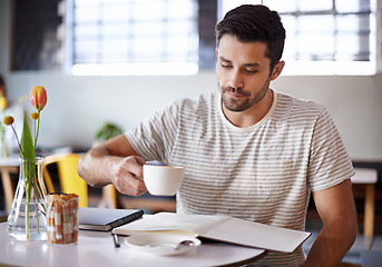 Image showing Coffee, thinking and man with notebook for remote work in restaurant, cafeteria and diner. Freelance, career and person with book for planning, ideas or project with beverage, caffeine and cappuccino