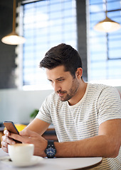 Image showing Man in coffee shop, smartphone and scroll on social media, reading on mobile app or ebook with communication and contact. Chat, email or text message with tech, search internet and online at cafe