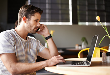 Image showing Remote work, phone call and man in cafe with laptop for networking, chat and creative professional on website. Computer, research and freelancer with online job, cellphone and consulting for project