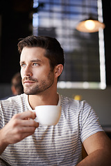 Image showing Man, mug and freelancer thinking in coffee shop, ideas and planning for startup company in cafe. Male person, latte and relax in restaurant for reflection and peace, contemplating and inspiration