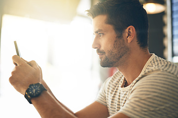 Image showing Man, relax with smartphone and scroll online for social media, technology and communication. Chat, reading on mobile app or ebook with connectivity, contact and using phone for texting with network