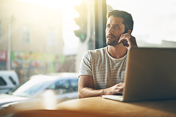 Image showing Hybrid work, phone call and man in cafe with laptop for networking, chat and creative professional on website. Computer, research and freelancer with online job, cellphone and consulting for project