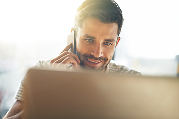 Image showing Remote work, phone call and happy man with laptop for networking, chat and creative professional on website. Computer, research and freelancer with online job, cellphone and consulting on web project