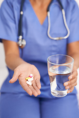 Image showing Nurse, hands and giving medicine with glass of water for healthcare, wellness and pharmaceutical support. Medical worker or caregiver offer in palm of pills, tablet and liquid to drink for helping