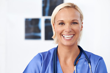 Image showing Portrait, nurse and xray in hospital for healthcare service, research and planning with happy results or exam. Face of woman in medical career with film sheet in radiology for health and solution