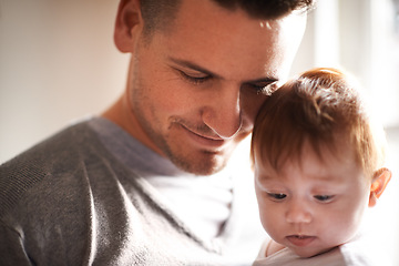 Image showing Peace, love or father and baby in a house with care, trust and child development, support or bonding. Family, security and dad with kid at home for learning, safety or morning games with gratitude