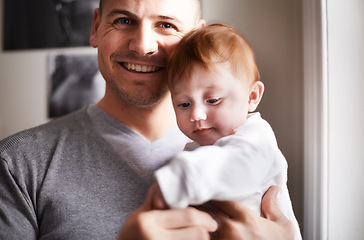 Image showing Happy, portrait or father and baby in a house with love, trust or child development, support or bonding. Family, face or dad with kid at home for learning, safety or morning games, gratitude or pride