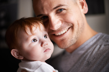 Image showing Happy, portrait or father and baby in a house with love, trust or child development, support or bonding. Family, face or dad with kid at home for learning, safety or morning games, gratitude or pride