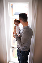 Image showing Father, baby and bonding with love and window, growth and child development with view at family home. Man, infant or newborn with back and dad holding kid for comfort, childhood and parenting