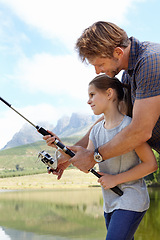 Image showing Father, kid and fishing in nature for learning, teaching and outdoor with holiday, travel or sustainable living. Happy family, dad or fisherman with girl or child by river, water or lake for camping