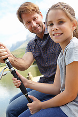 Image showing Father, kid and fishing in nature for teaching, learning and outdoor with holiday, travel or sustainable living in portrait. Happy family, dad or fisherman with girl by water or lake for adventure