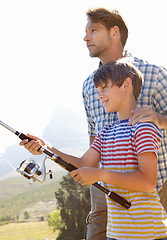 Image showing Fishing, pole or father and son in nature for travel, bonding and vacation, holiday or trip. Fish, line and kid with dad outdoor with love, learning or sustainable living while camping in a forest