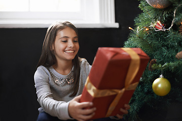 Image showing Girl, child and gift by Christmas tree in home, festive season and present for celebration on xmas. Female person, kid and happy for package on religious holiday, living room and love for tradition