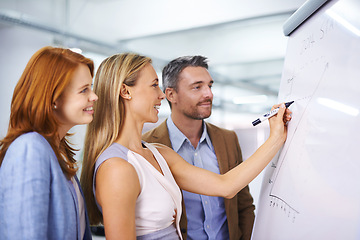 Image showing Teamwork, business people and writing on whiteboard in conference for target growth or sales statistics with chart. Graph, mentor or employees with smile in training for financial planning of company