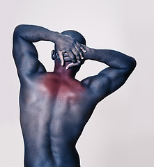 Image showing Back pain, red and man in studio stretching for health, wellness and fitness burnout on a white background. Bodybuilder, person or model with overlay for muscle, inflammation and workout or training