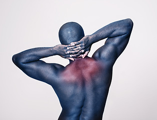 Image showing Man, back and neck pain with glow, body and injury with muscle, tension or pressure on white background. Spine, bruise or strain with fitness, red overlay for anatomy and burnout with ache in studio
