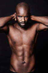 Image showing Black man, shirtless and body with abs in portrait, fitness and health with muscle on dark background. Exercise, sport and athlete with six pack, confident and masculine with testosterone in studio