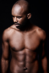 Image showing Black man, shirtless and body with six pack, fitness and health with muscle isolated on dark background. Exercise, sport and athlete with abs, confident and masculine with testosterone in studio