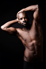 Image showing Black man, fitness and body muscle in studio for sports, workout or exercise isolated on dark background. Strong, abs and topless African person with eyes closed for health or wellness of bodybuilder