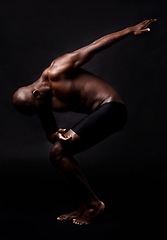 Image showing Black man, dancer and fitness with muscular body for energy, style or art on a dark studio background. African male person, performer or bodybuilder in pose for muscle or strength on mockup space