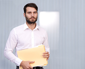 Image showing Thinking, paperwork and man in office for insurance, application review and folder with policy. Mockup, male broker and vision with document for professional career, idea and file for premium