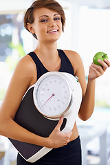 Image showing Portrait, scale and happy woman with apple for diet, nutrition or wellness with healthy body. Weight loss, smile and person with green fruit, vitamin c and eating organic food for fitness outdoor