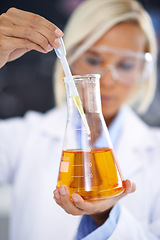 Image showing Science, study and woman with liquid in beaker for medical research, vaccine innovation or analysis. Laboratory, medicine and scientist with solution in glass for safety test, exam or investigation